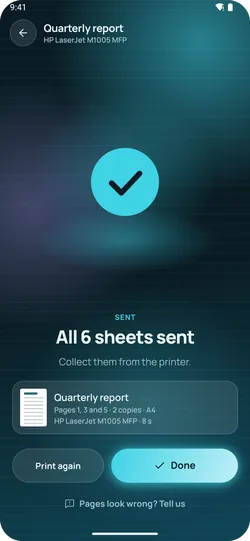 EazyPrint Done screen after printing finishes