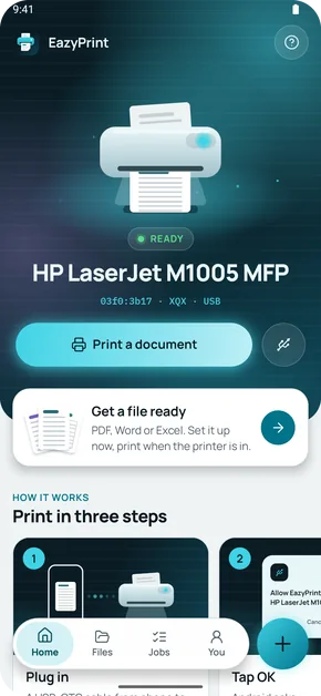 EazyPrint Home screen showing a connected printer, ready to print
