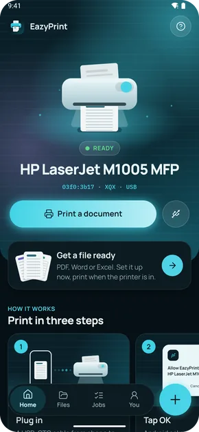 EazyPrint Home screen showing a connected printer, ready to print
