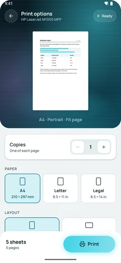 EazyPrint Options screen: a preview of the sheet with copies, paper and layout choices