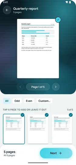 EazyPrint Pages screen: a page preview with a page-selection grid