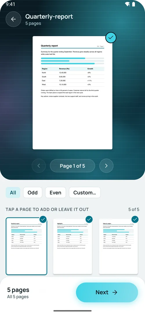 The EazyPrint Pages screen showing page thumbnails and the page selection chips