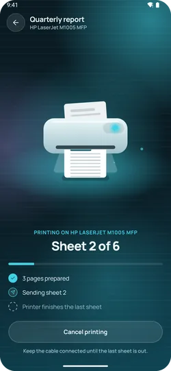 EazyPrint Printing screen showing live progress by sheet with a Cancel button